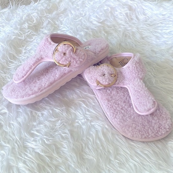 Brand New Coach Pink Shearling Hollie Flip Flop Sandal Plush Buckle Slides - Picture 14 of 16